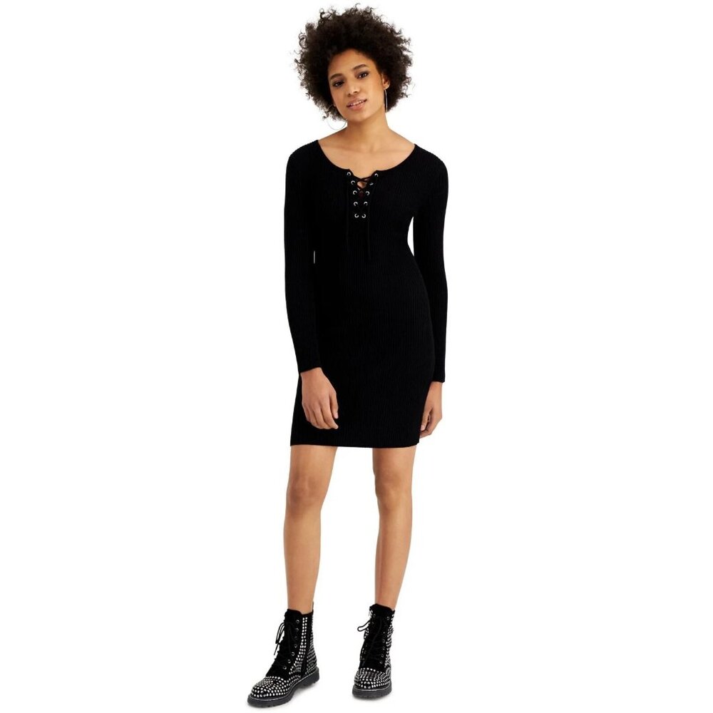 Hippie Rose Juniors’ Lace Up Sweater Dress Black Size Medium